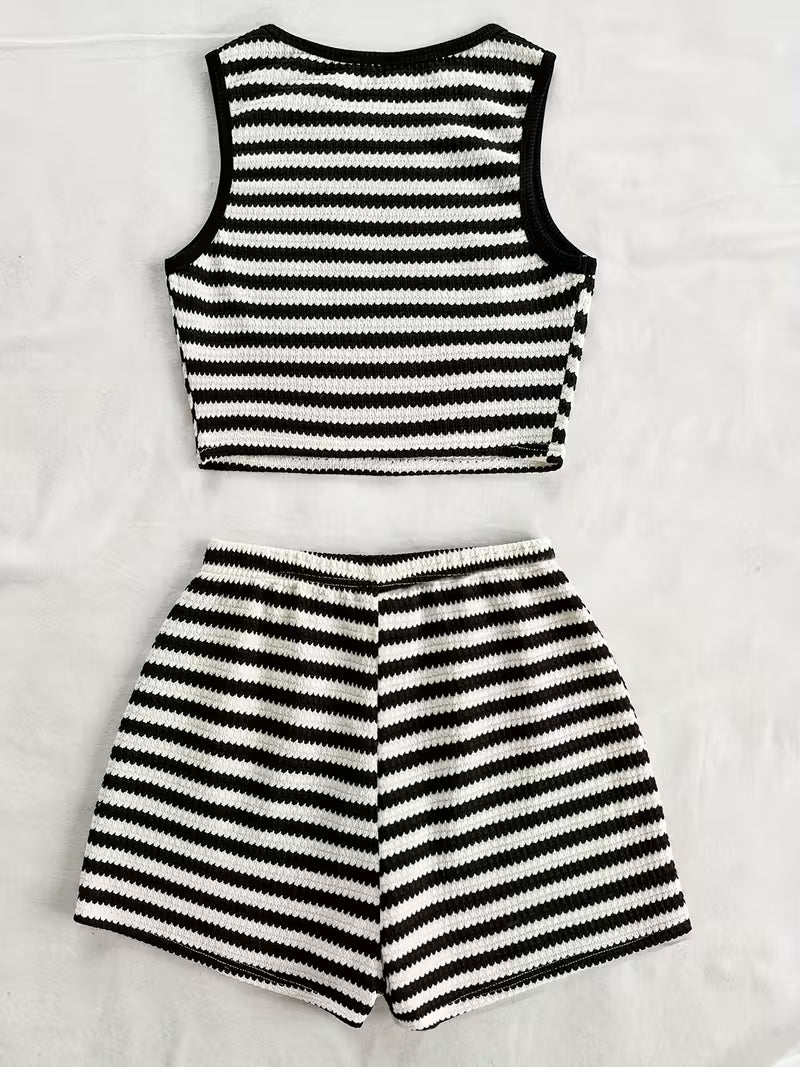 2-Piece Contrast Bind Gymwear Set – Top & Shorts for Girls