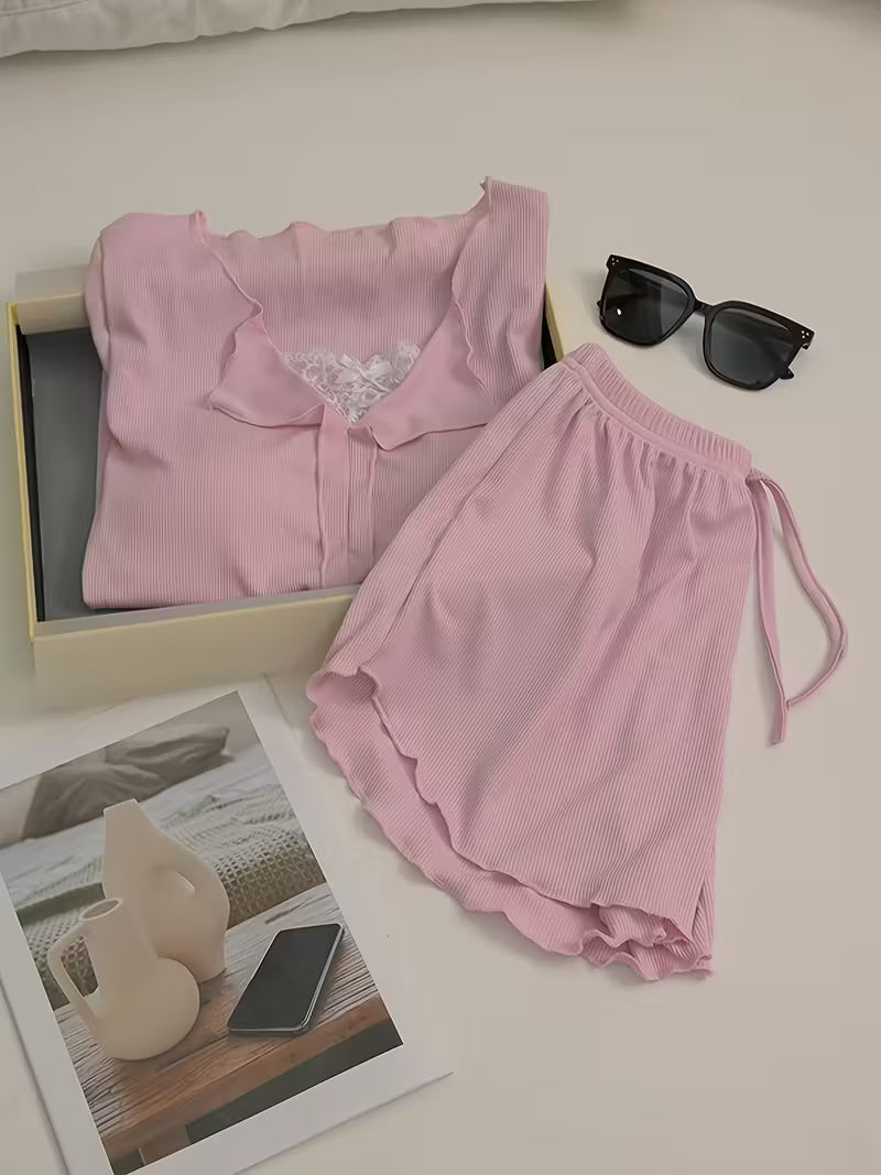 2-Piece Contrast Bind Gymwear Set – Top & Shorts for Girls