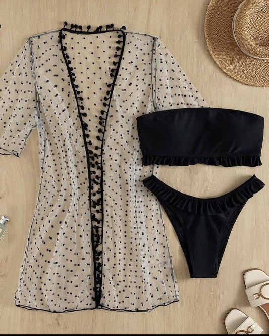 Women Half Sleeve Pearls Sheer Mesh Beach Cover Ups