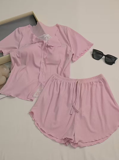2-Piece Contrast Bind Gymwear Set – Top & Shorts for Girls