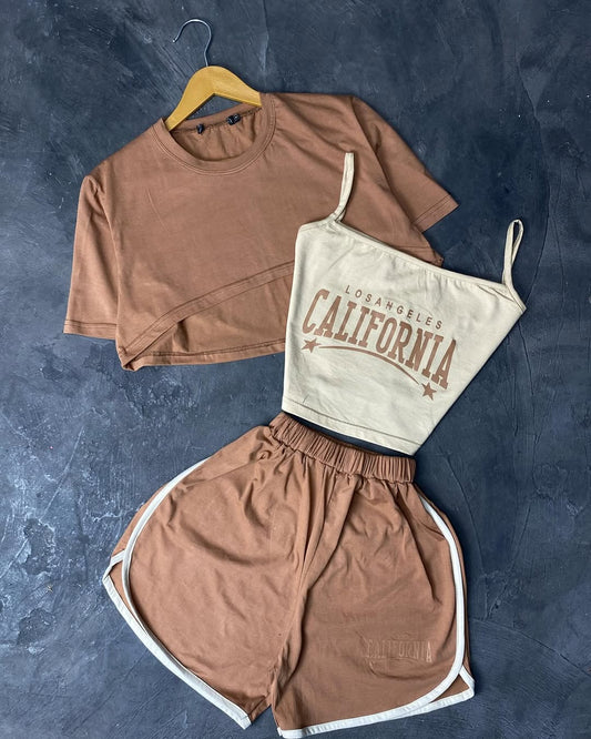 3-Piece Contrast Bind Gymwear Set – Top & Shorts for Girls