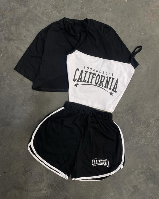3-Piece Contrast Bind Gymwear Set – Top & Shorts for Girls