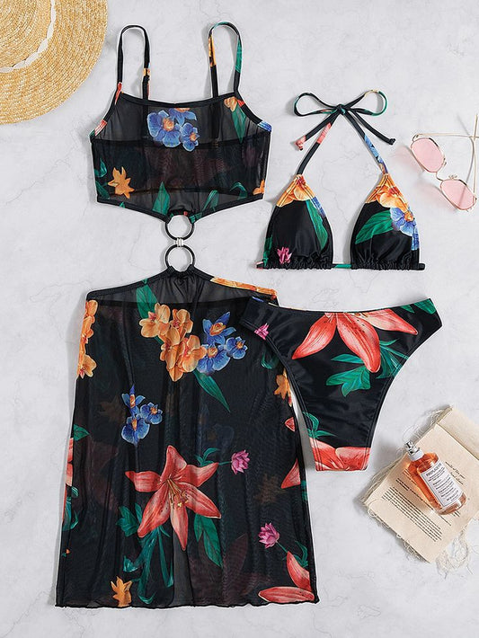 3 Pack Tropical Print Halter Bikini Swimwear and Beach Skirt